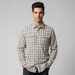 John Varvatos Beige White Gingham Button Down Shirt, Dual Chest Pockets, M